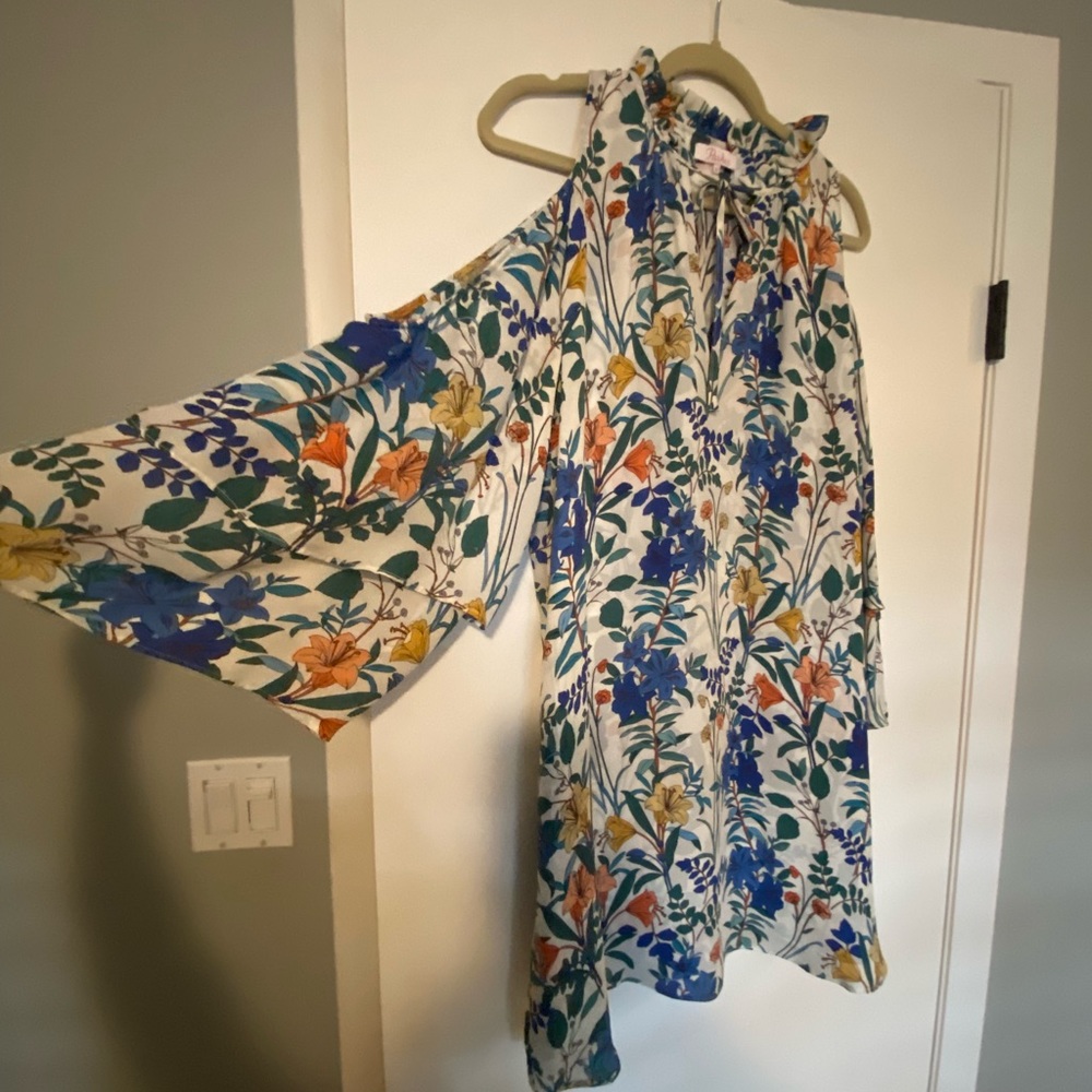 Parker Anastasia Silk Floral Mini Dress Cold Shoulder Womens Medium - Picture 5 of 5